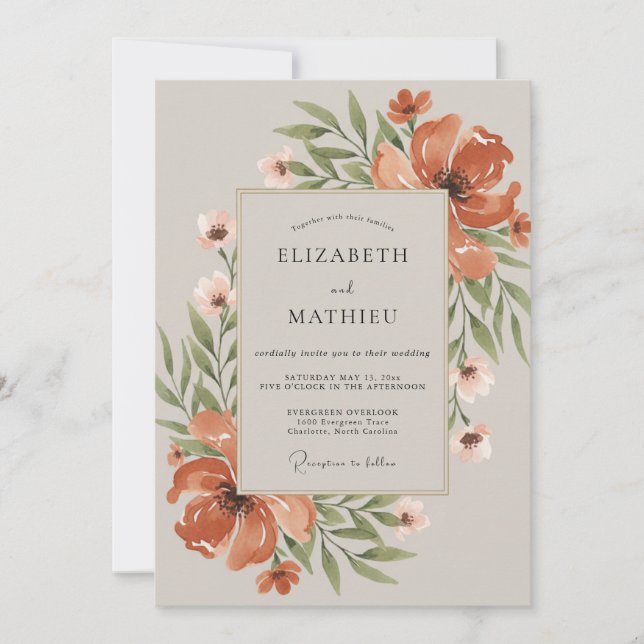 Invitation Mariage aux Pivoines Orange Brûlé (Devant)