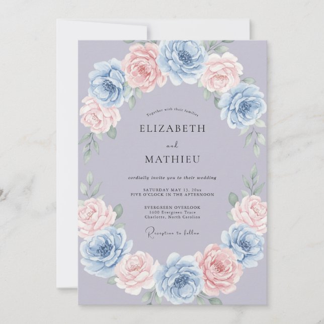 Invitation Mariage aux Pivoines Pâle Pervenche (Devant)