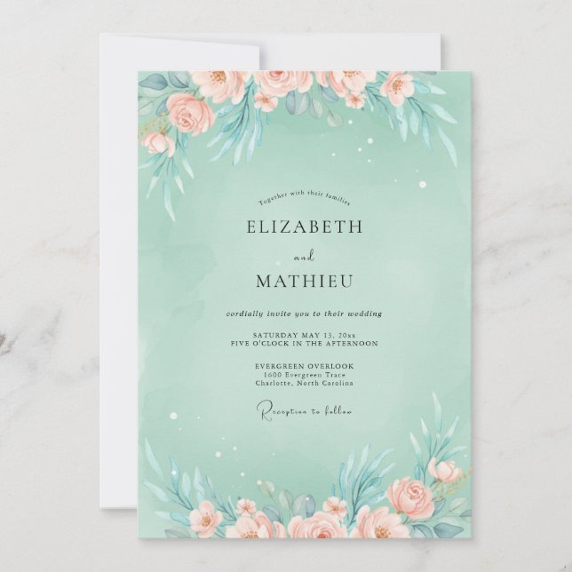 Invitation Mariage aux Pivoines Pêche Poussiéreuse Mousse de  (Devant)