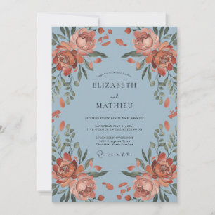 Invitation Mariage aux Pivoines Peintes Bleu Poussiéreux