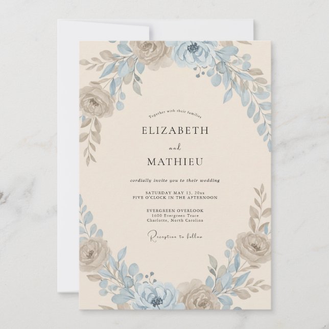 Invitation Mariage aux Pivoines Pervenche Champagne Doré (Devant)