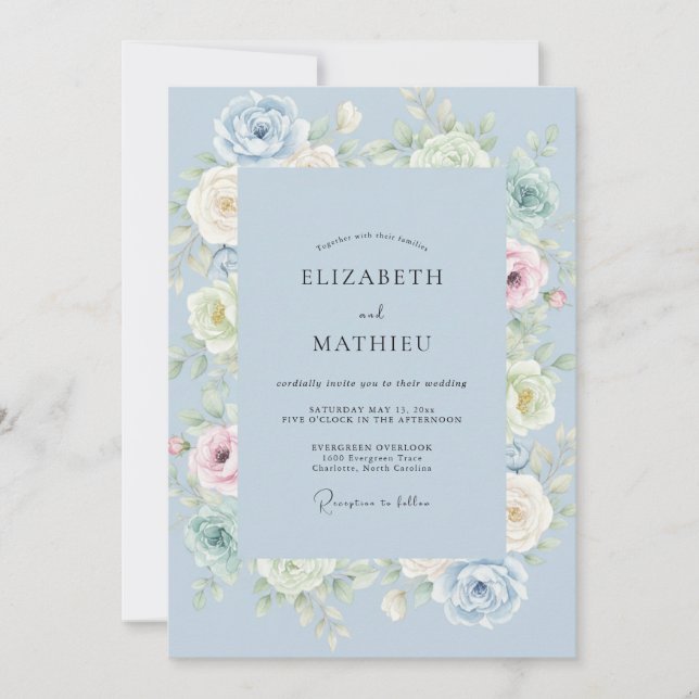 Invitation Mariage aux Pivoines Pervenche Poudrée (Devant)