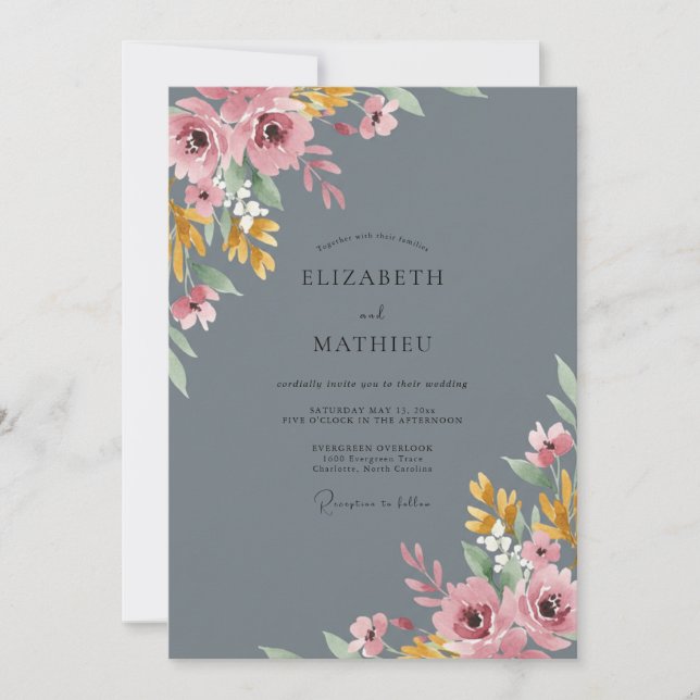 Invitation Mariage aux Pivoines Rose Ardoise (Devant)