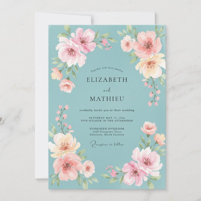 Invitation Mariage aux Pivoines Rose Céleste (Devant)