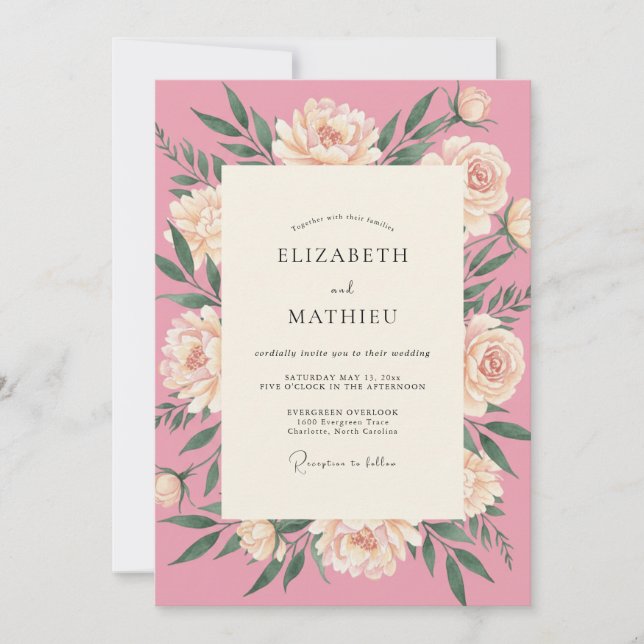 Invitation Mariage aux Pivoines Rose Chaud (Devant)