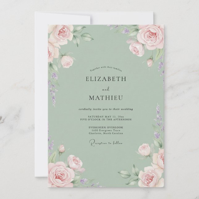Invitation Mariage aux Pivoines Rose de Mousse de Mer (Devant)