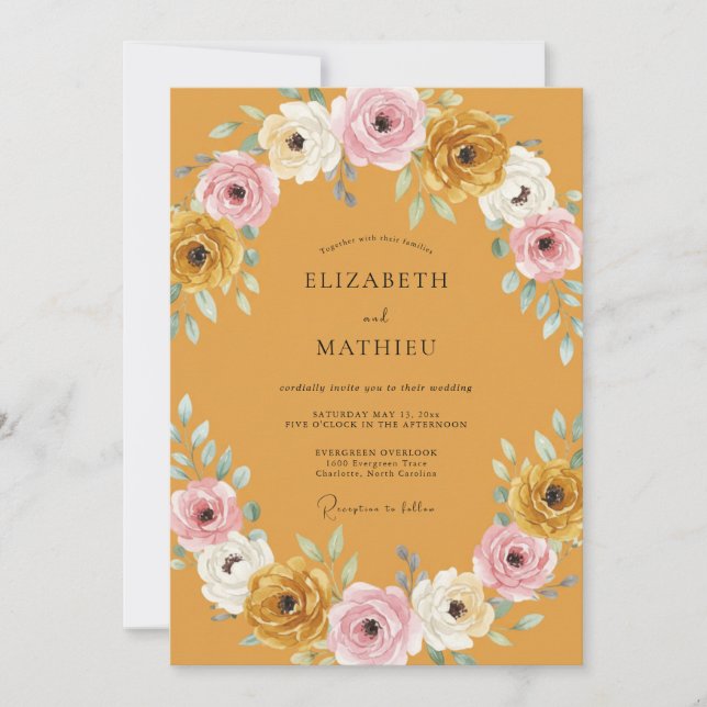 Invitation Mariage aux Pivoines Rose et Moutarde (Devant)