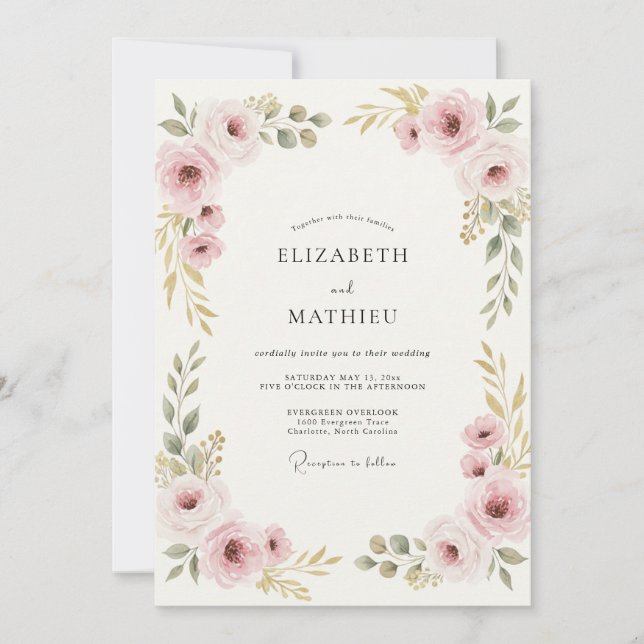 Invitation Mariage aux Pivoines Rose Fardé Or (Devant)
