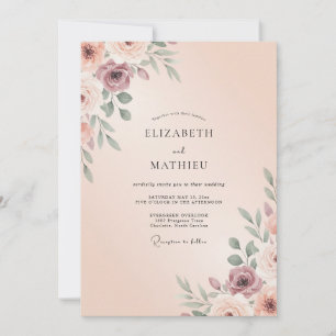 Invitation Mariage aux Pivoines Rose Pâle et Mauve Poussiéreu