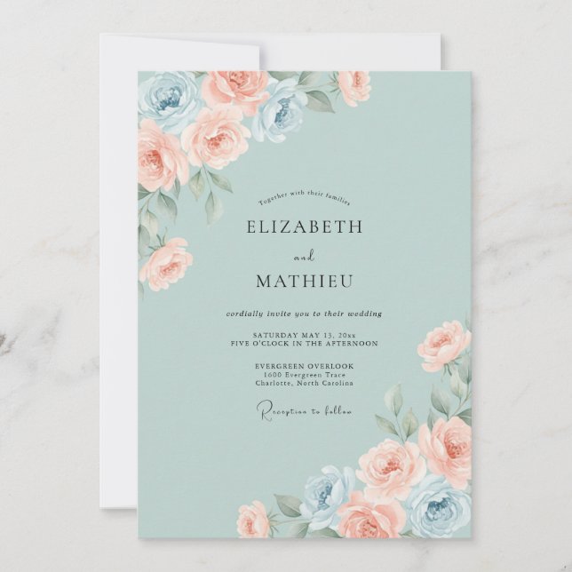 Invitation Mariage aux Pivoines Rose Pâle et Mousse de Mer (Devant)