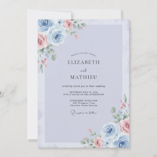 Invitation Mariage aux Pivoines Rose Pâle et Pervenche
