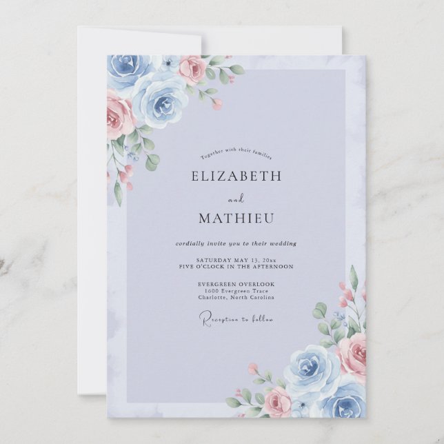 Invitation Mariage aux Pivoines Rose Pâle et Pervenche (Devant)