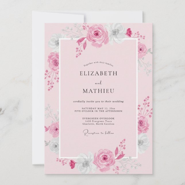Invitation Mariage aux Pivoines Rose Pastel (Devant)