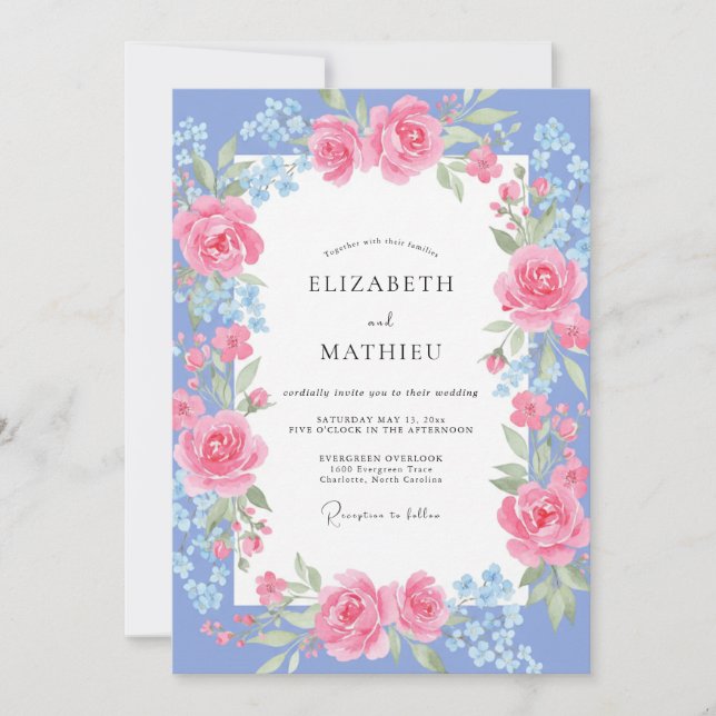 Invitation Mariage aux Pivoines Rose Pervenche (Devant)