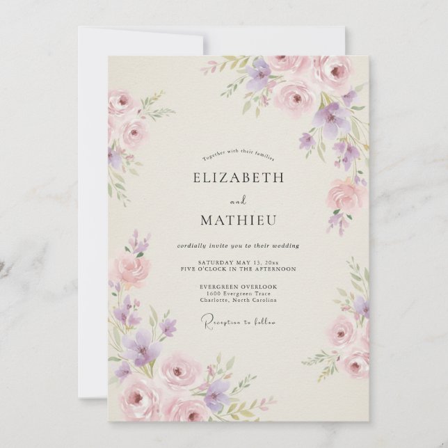 Invitation Mariage aux Pivoines Rose Pétale de Lilas (Devant)
