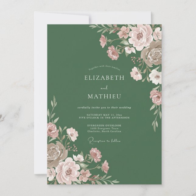 Invitation Mariage aux Pivoines Rose Sauge (Devant)