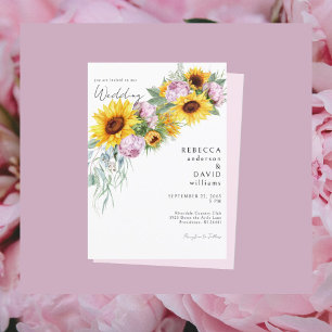 Invitation Mariage aux pivoines roses aquarelles et tournesol