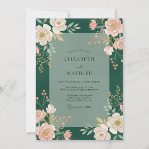 Invitation Mariage aux Pivoines Rouge Cerise Émeraude
