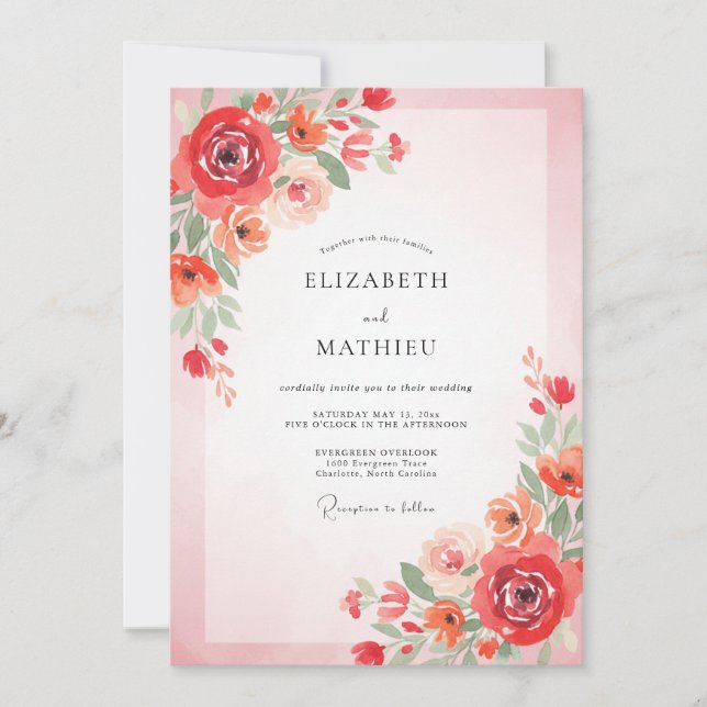 Invitation Mariage aux Pivoines Rouge Orange (Devant)