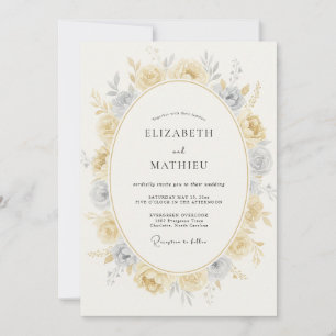 Invitation Mariage aux Pivoines sur Fond Ardoise et Or