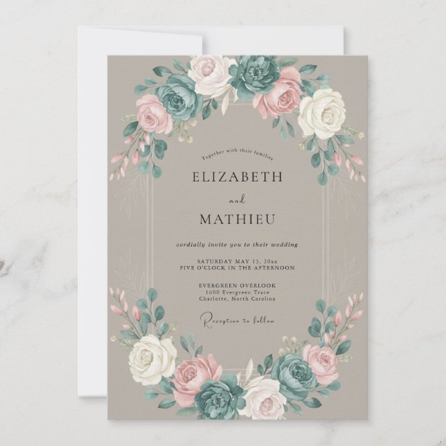 Invitation Mariage aux Pivoines Taupe Atténué (Devant)