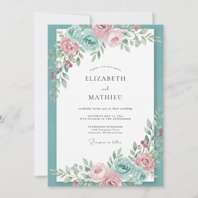 Invitation Mariage aux Pivoines Turquoise Blush (Devant)