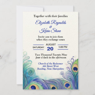 Invitation Mariage aux plumes de paon vert pastel et bleues