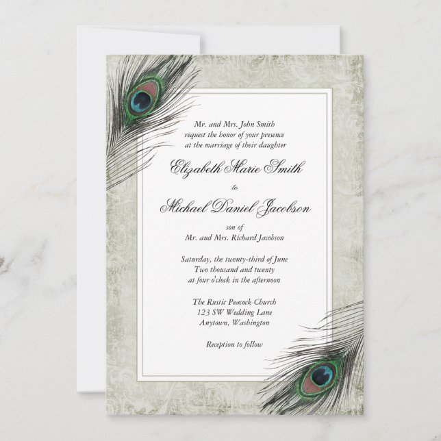 Invitation Mariage aux plumes de paon vintage (Devant)