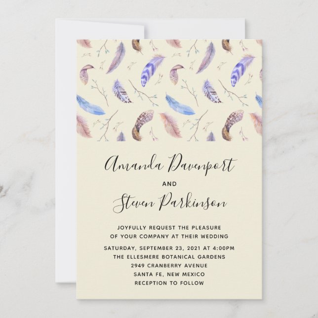Invitation Mariage aux plumes et feuilles à l'aquarelle (Devant)
