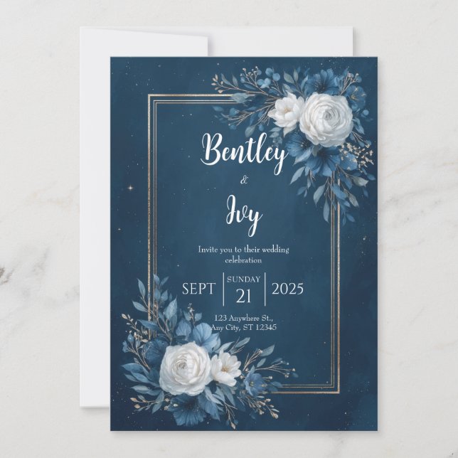 Invitation Mariage aux Ranunculus Célestes Or et Bleu Nuit (Devant)
