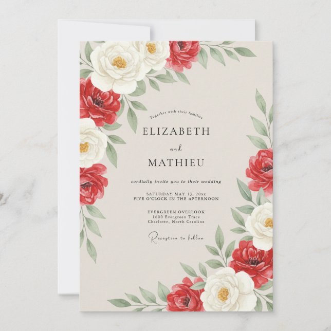 Invitation Mariage aux Ranunculus et Eucalyptus Blancs et Cra (Devant)