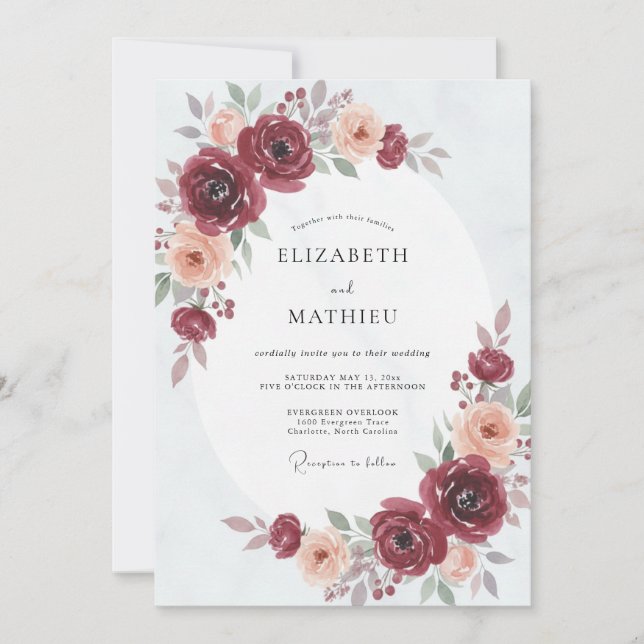 Invitation Mariage aux Ranunculus et Eucalyptus Bourguignon R (Devant)