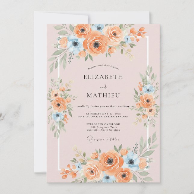 Invitation Mariage aux Ranunculus Eucalyptus Ciel Bleu Abrico (Devant)