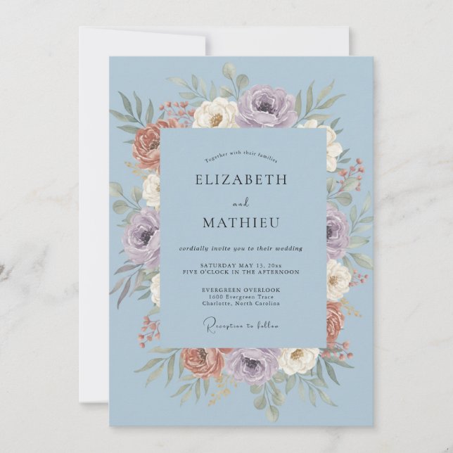 Invitation Mariage aux Ranunculus Eucalyptus et Bleuet Poussi (Devant)
