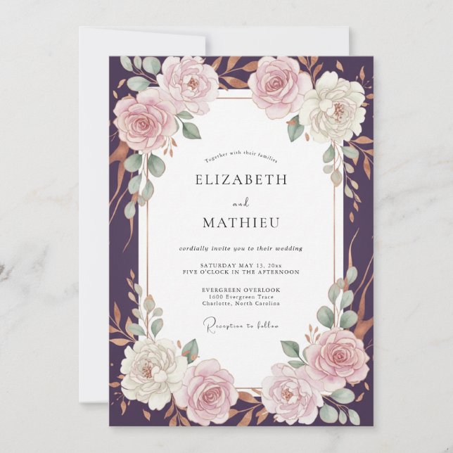 Invitation Mariage aux Ranunculus Eucalyptus et Teinte de Pru (Devant)