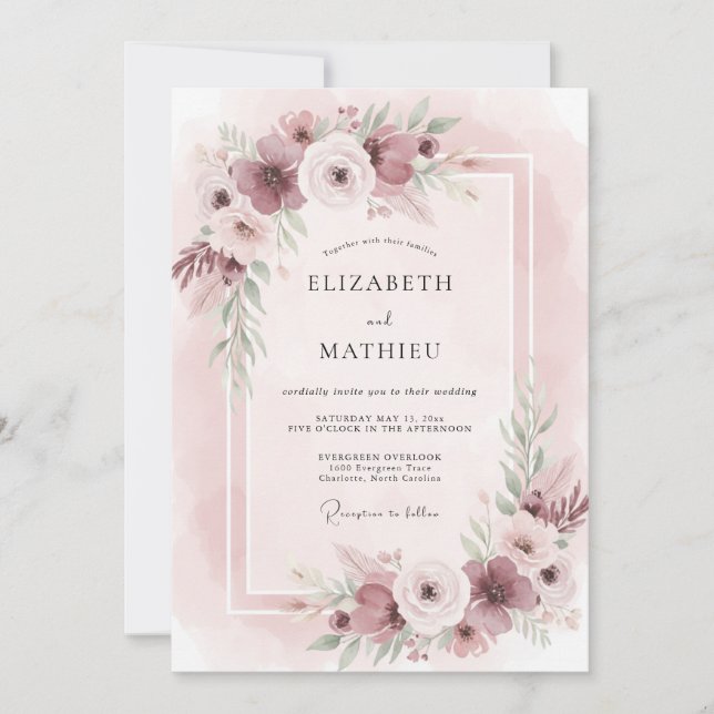 Invitation Mariage aux Ranunculus Eucalyptus Rouge-groseille  (Devant)