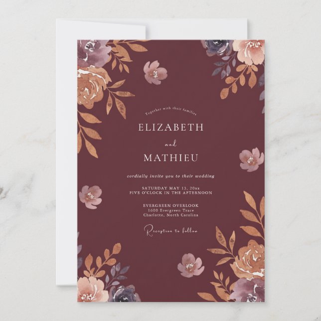 Invitation Mariage aux Ranunculus Marron et à l'Eucalyptus Po (Devant)