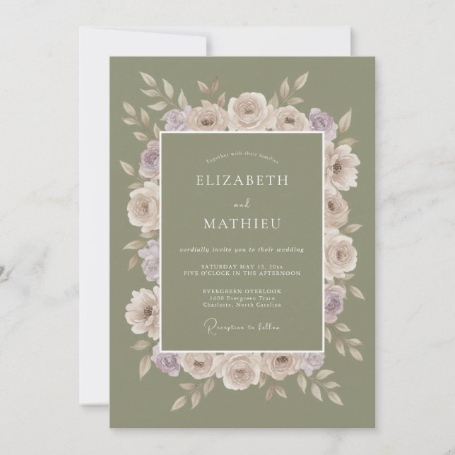 Invitation Mariage aux Ranunculus Mauve et Mousse (Devant)