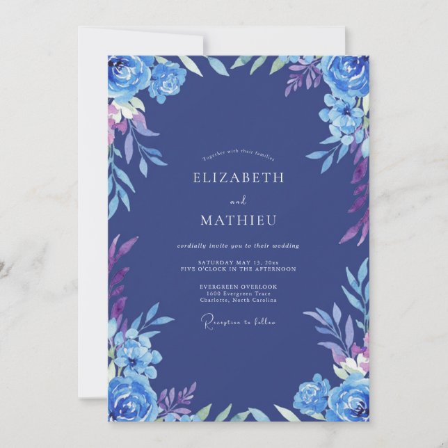 Invitation Mariage aux Ranunculus Peints en Cobalt (Devant)