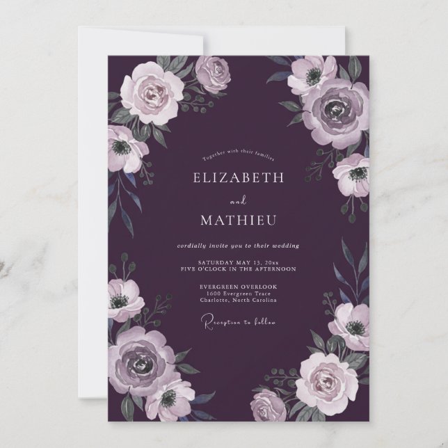 Invitation Mariage aux Ranunculus prune et feuillage d'Eucaly (Devant)