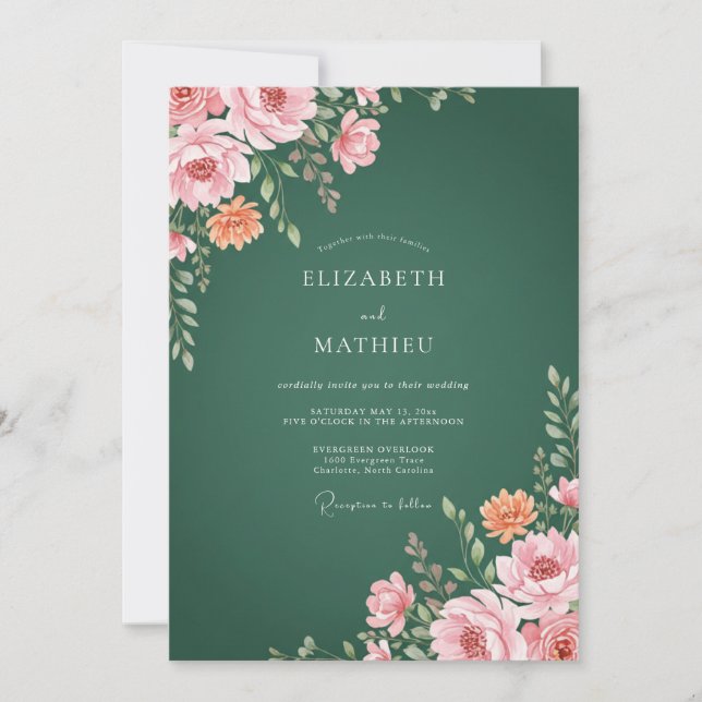 Invitation Mariage aux Ranunculus Rose et Eucalyptus de Forêt (Devant)