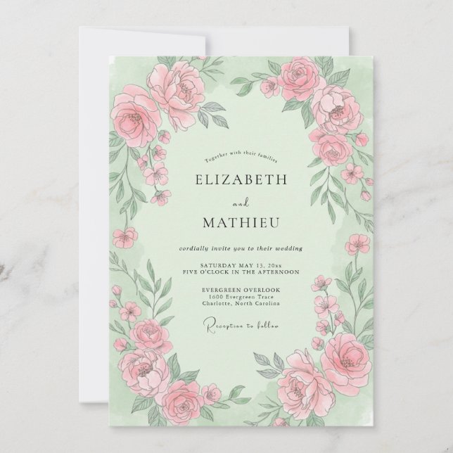 Invitation Mariage aux Ranunculus Rose Poussiéreux Menthe Euc (Devant)