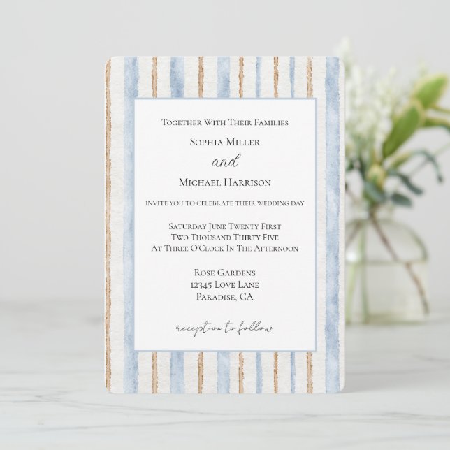 Invitation Mariage aux rayures crème marron bleu (Debout devant)