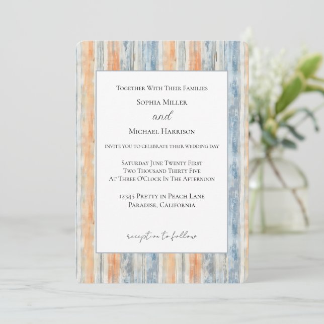 Invitation Mariage aux rayures crème pêche bleue (Debout devant)