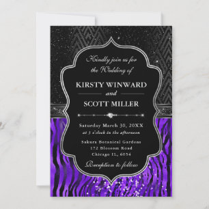 Invitation Mariage aux rayures de tigre noir violet glamour