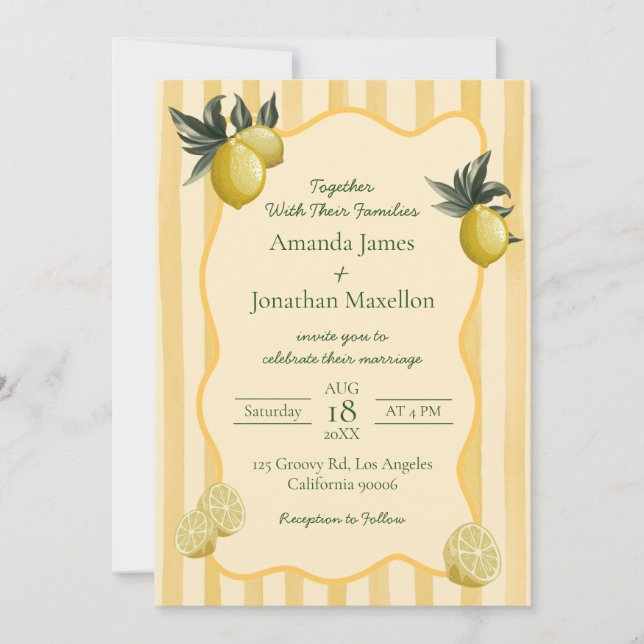 Invitation Mariage aux Rayures Jaunes avec des Citrons (Devant)