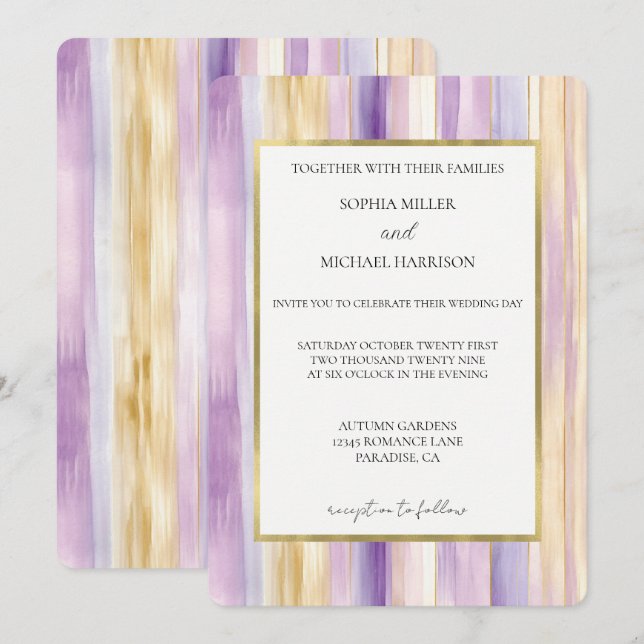 Invitation Mariage aux rayures lavande violet or (Devant / Derrière)