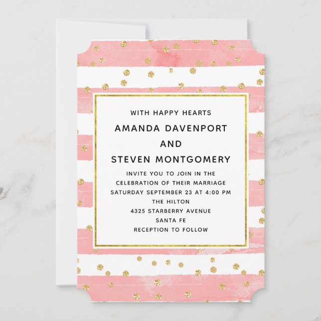 Invitation Mariage aux rayures rose blush et confettis dorés (Devant)