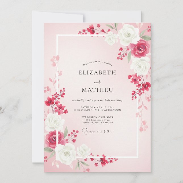 Invitation Mariage aux Renoncules Blanches Framboise (Devant)