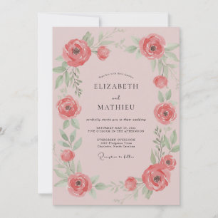 Invitation Mariage aux renoncules corail feuillues